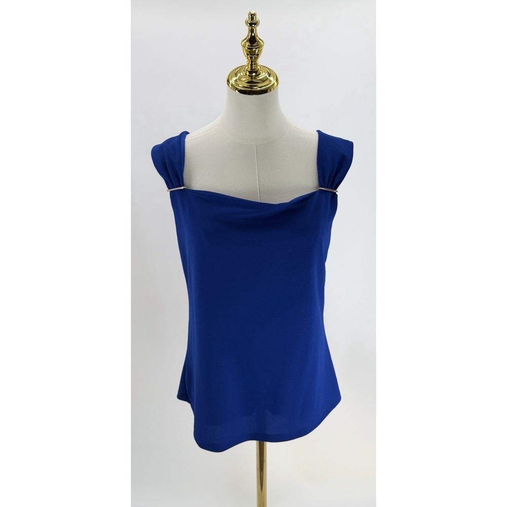 Anne Klein Women's Embellished Shirred Straps Blouse Santorini Blue Medium M